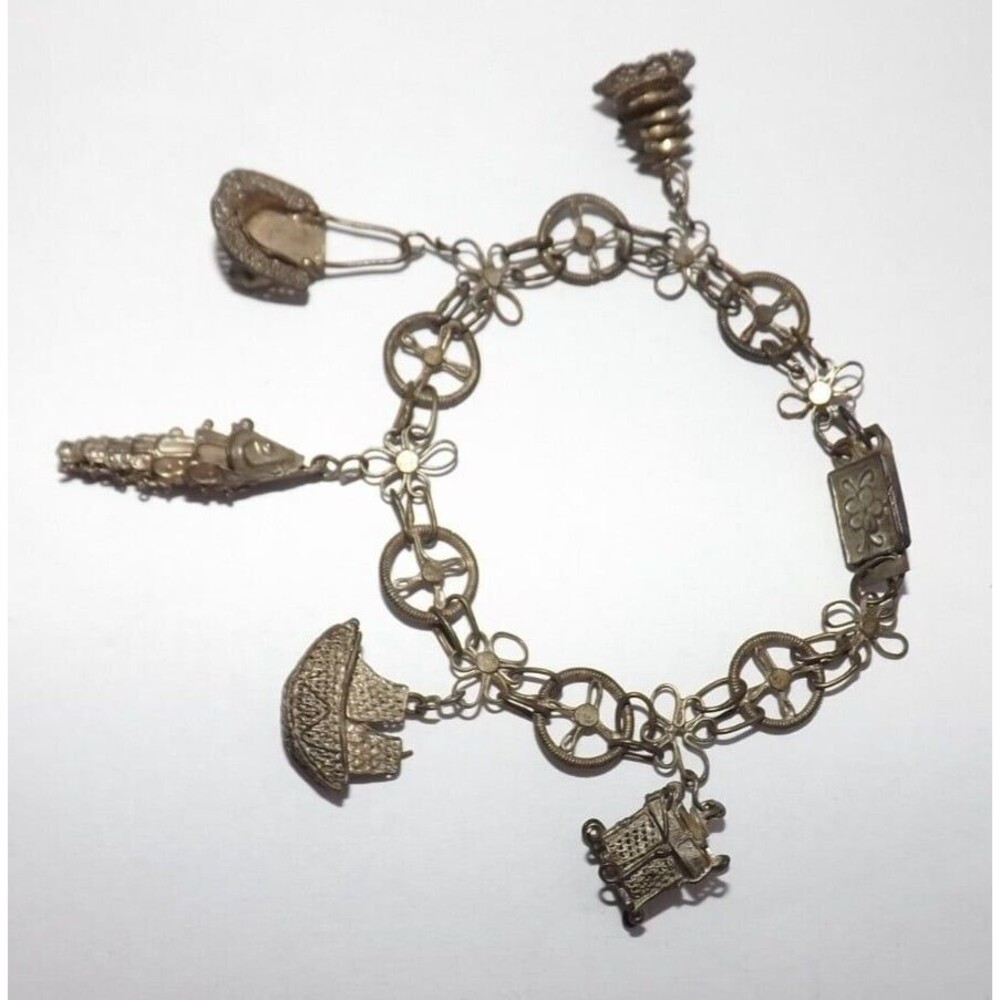 Chinese Export Antique Filigree Silver tone Charm Bracelet